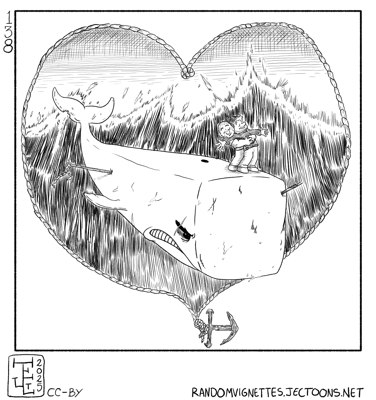 This cartoon is a reference to two characters in Herman Melville's novel 'Moby Dick'. Ishmael and Queequeg are standing on top of the white whale Moby Dick in a 'king of the world' pose from Titanic, Queequeg hugging Ishmael from behind. Moby Dick is looking mad, with some harpoons sticking out of it. They are all framed by a heart made by rope, and in the background there's a dark sky and an angry ocean.