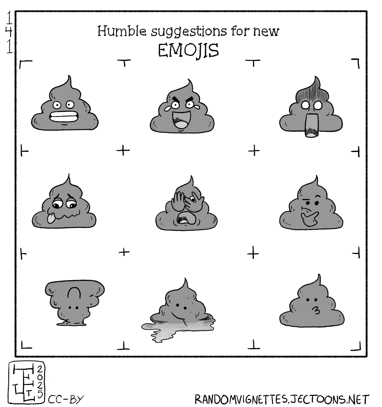 This cartoon has 9 suggestions for new Emojis, all variations of the poop emoji. The text reads 'Humble suggestions for new EMOJIS'.